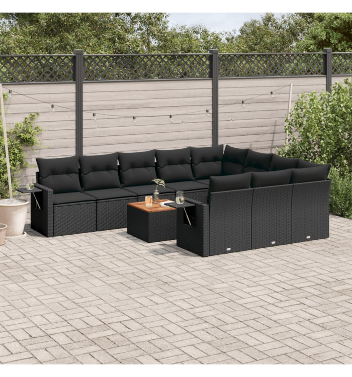 Salon de jardin 11 pcs avec coussins noir résine tressée | Mobilier & Déco