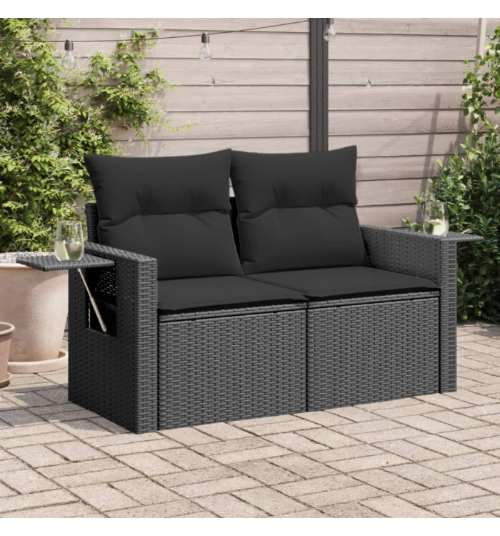 Canapé de jardin avec coussins 2 places noir résine tressée | Mobilier & Déco