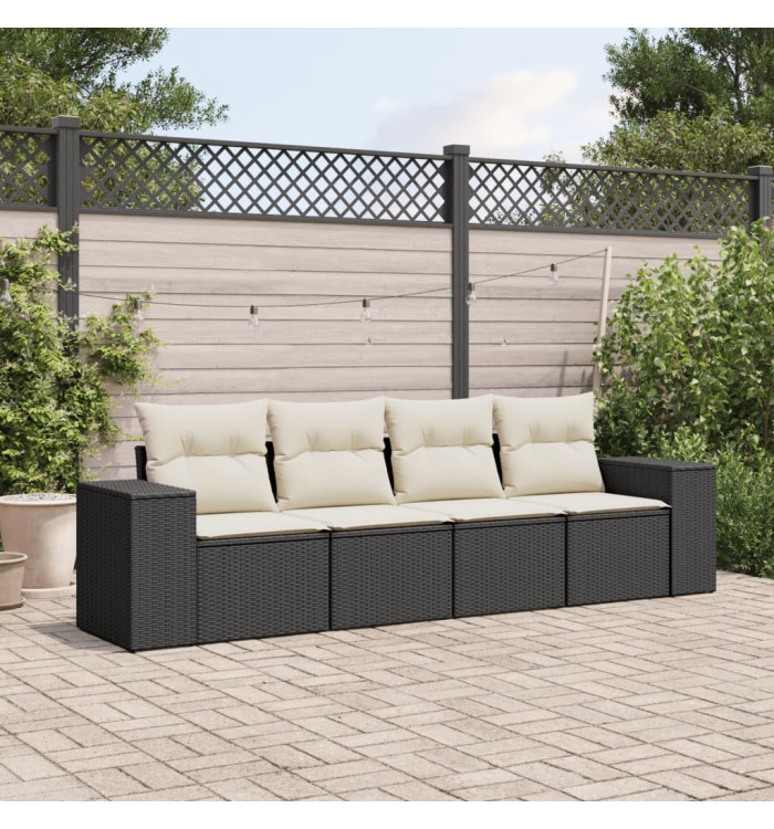 Salon de jardin 4 pcs avec coussins noir résine tressée | Mobilier & Déco