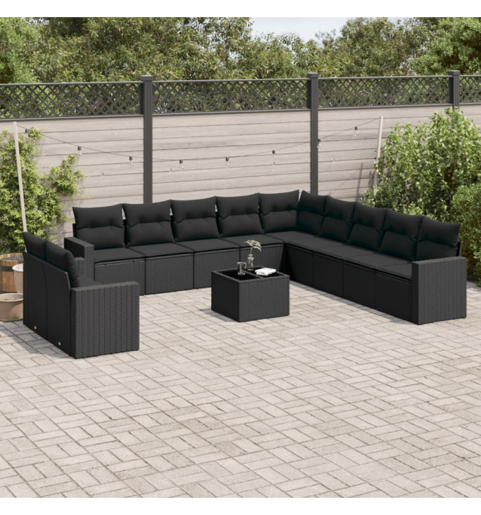 Salon de jardin 12 pcs avec coussins noir résine tressée | Mobilier & Déco