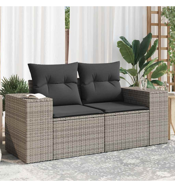 Canapé de jardin 2 places avec coussins gris résine tressée | Mobilier & Déco