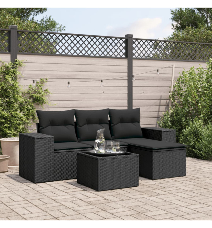 Salon de jardin 5 pcs avec coussins noir résine tressée | Mobilier & Déco