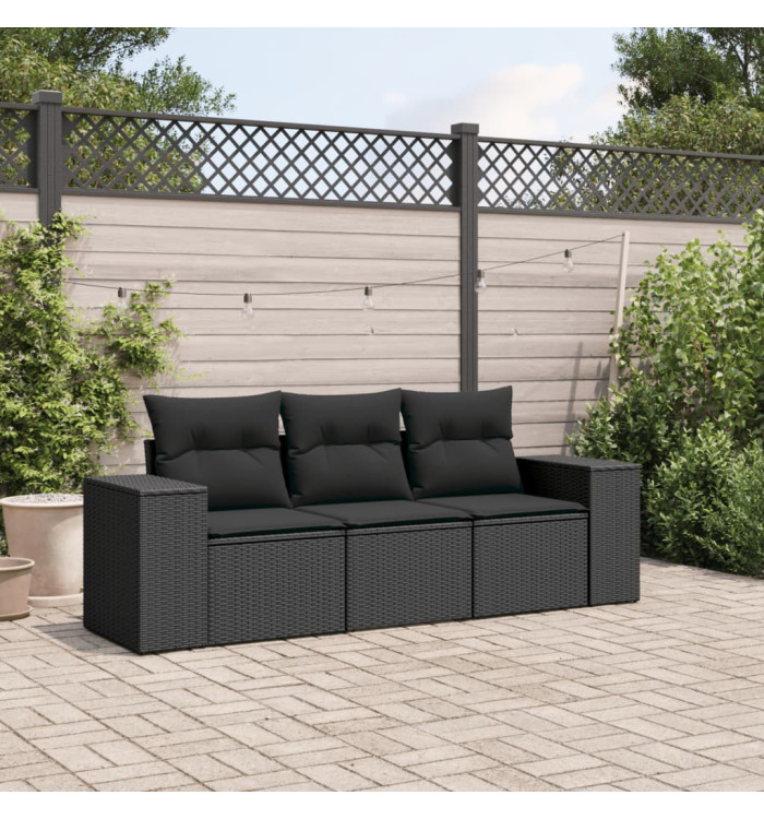 Salon de jardin 3 pcs avec coussins noir résine tressée | Mobilier & Déco