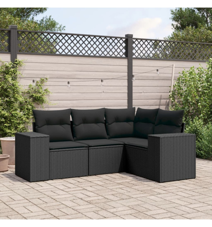 Salon de jardin 4 pcs avec coussins noir résine tressée | Mobilier & Déco