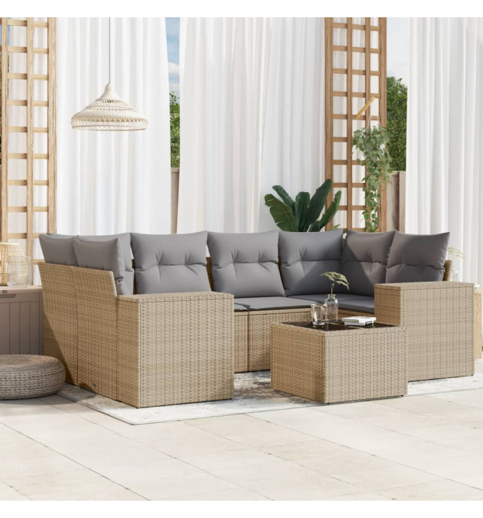 Salon de jardin avec coussins 7 pcs beige résine tressée | Mobilier & Déco