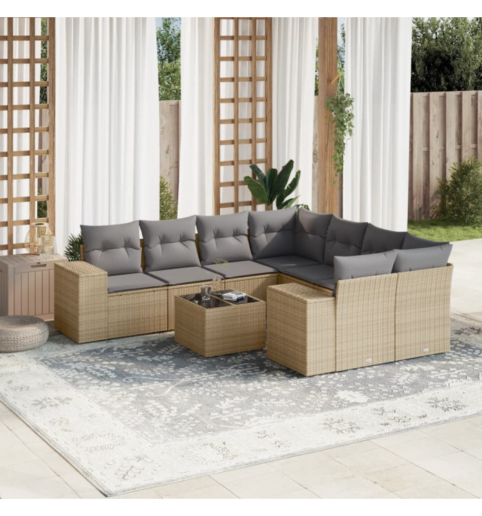 Salon de jardin avec coussins 9 pcs beige résine tressée | Mobilier & Déco