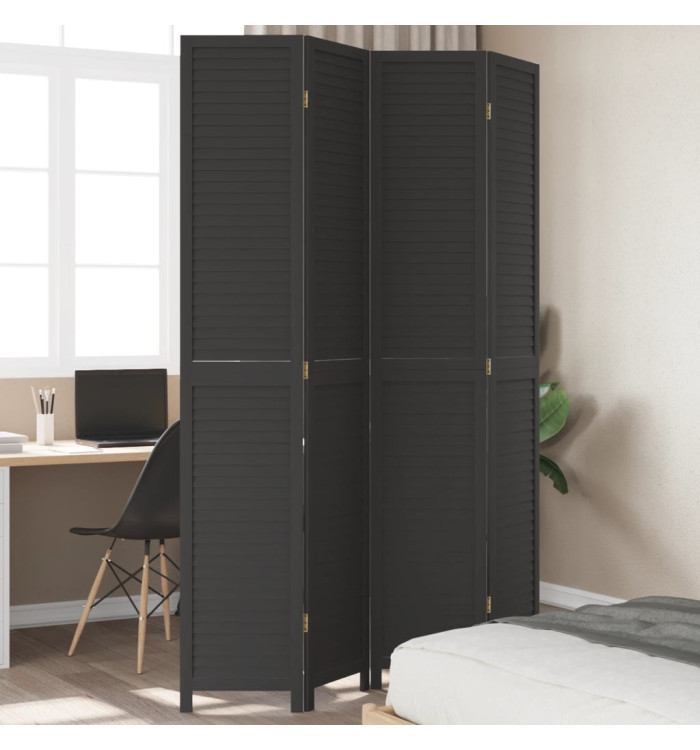 Cloison de séparation 4 panneaux noir bois de paulownia massif | Mobilier & Déco