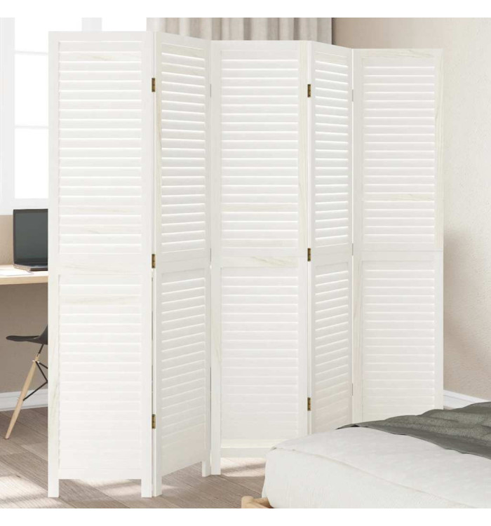 Cloison de séparation 5 panneaux blanc bois de paulownia massif | Mobilier & Déco