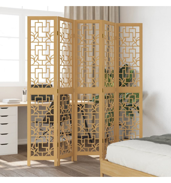 Cloison de séparation 5 panneaux marron bois paulownia massif | Mobilier & Déco