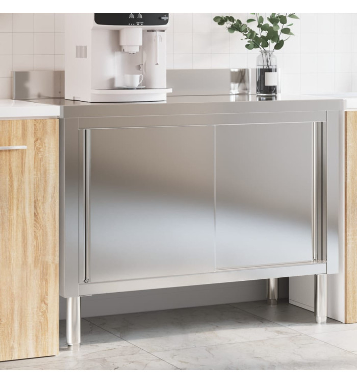 Table de travail de cuisine avec portes coulissantes inox | Mobilier & Déco