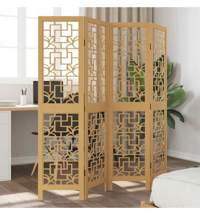 Cloison de séparation 4 panneaux marron bois paulownia massif | Mobilier & Déco