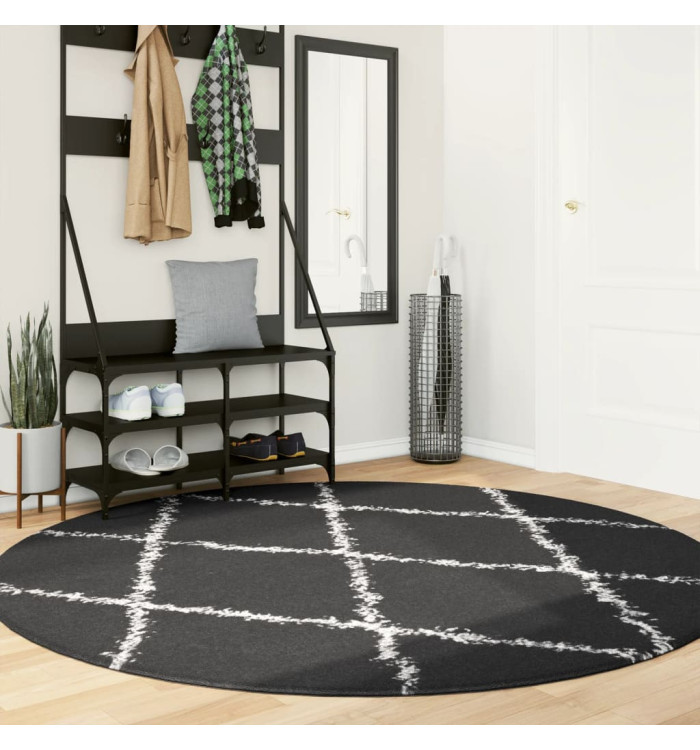Tapis shaggy à poils longs moderne noir et crème Ø 200 cm | Mobilier & Déco