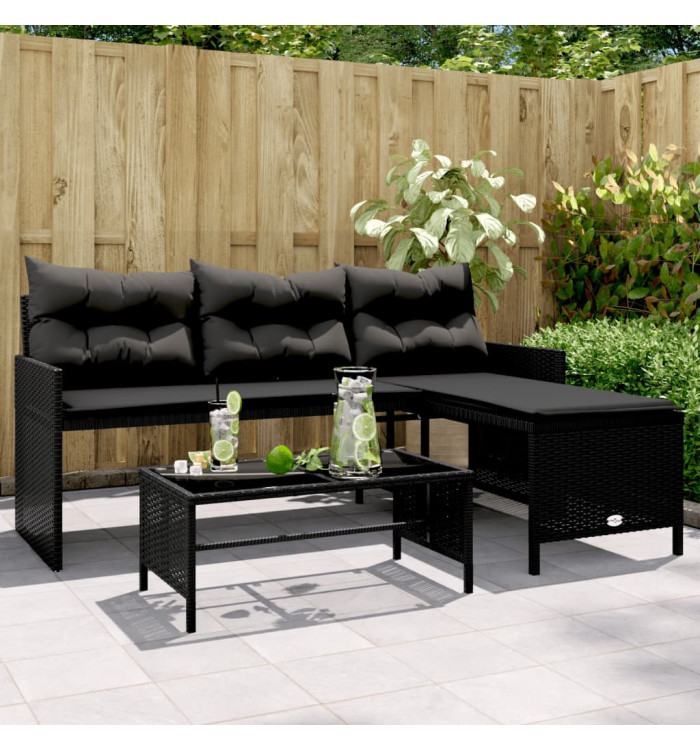 Canapé de jardin avec table et coussins en forme de L noir | Mobilier & Déco