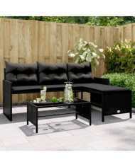 Canapé de jardin avec table et coussins en forme de L noir | Mobilier & Déco