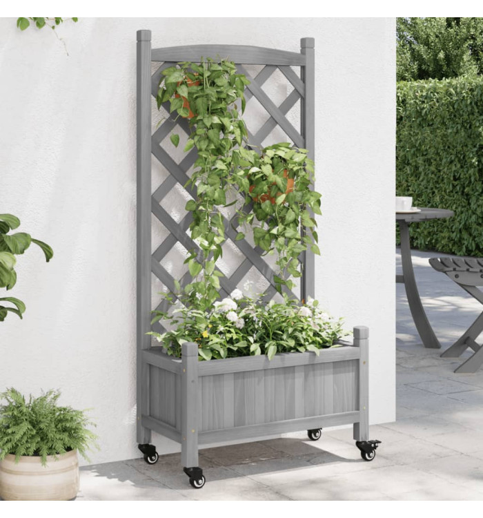 Jardinière avec treillis et roues gris bois massif de sapin | Mobilier & Déco