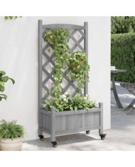 Jardinière avec treillis et roues gris bois massif de sapin | Mobilier & Déco