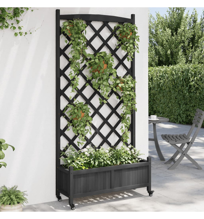 Jardinière avec treillis et roues noir bois massif de sapin | Mobilier & Déco