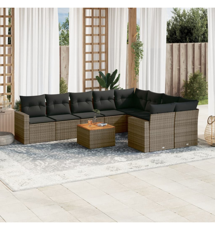 Salon de jardin avec coussins 10 pcs gris résine tressée | Mobilier & Déco