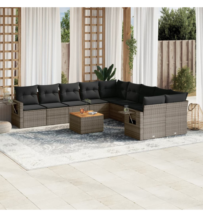 Salon de jardin 11 pcs avec coussins gris résine tressée | Mobilier & Déco