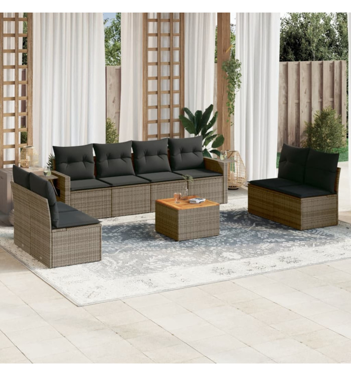Salon de jardin 9 pcs avec coussins gris résine tressée | Mobilier & Déco