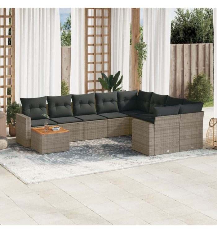 Salon de jardin avec coussins 10 pcs gris résine tressée | Mobilier & Déco