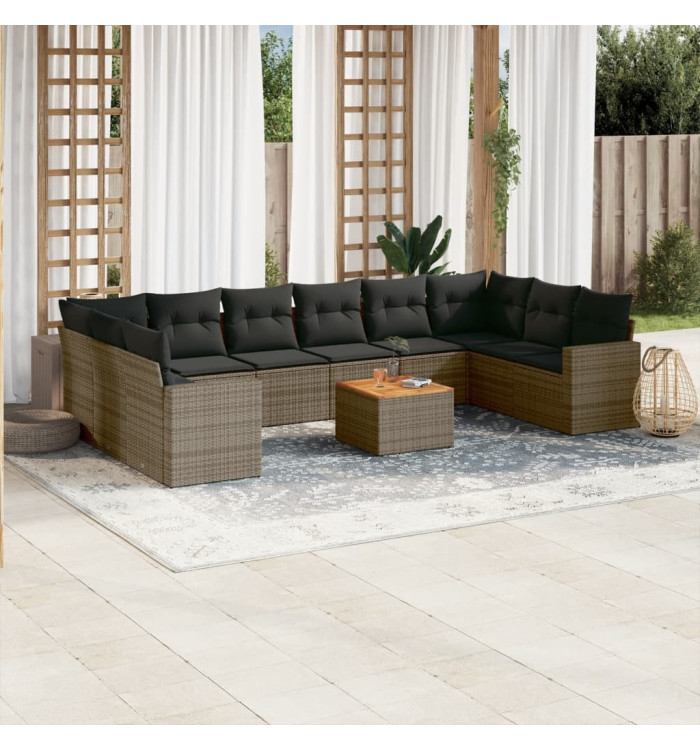 Salon de jardin 11 pcs avec coussins gris résine tressée | Mobilier & Déco