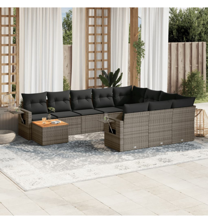 Salon de jardin 11 pcs avec coussins gris résine tressée | Mobilier & Déco