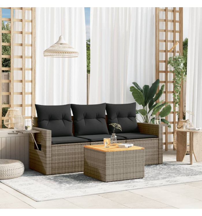 Salon de jardin 4 pcs avec coussins gris résine tressée | Mobilier & Déco