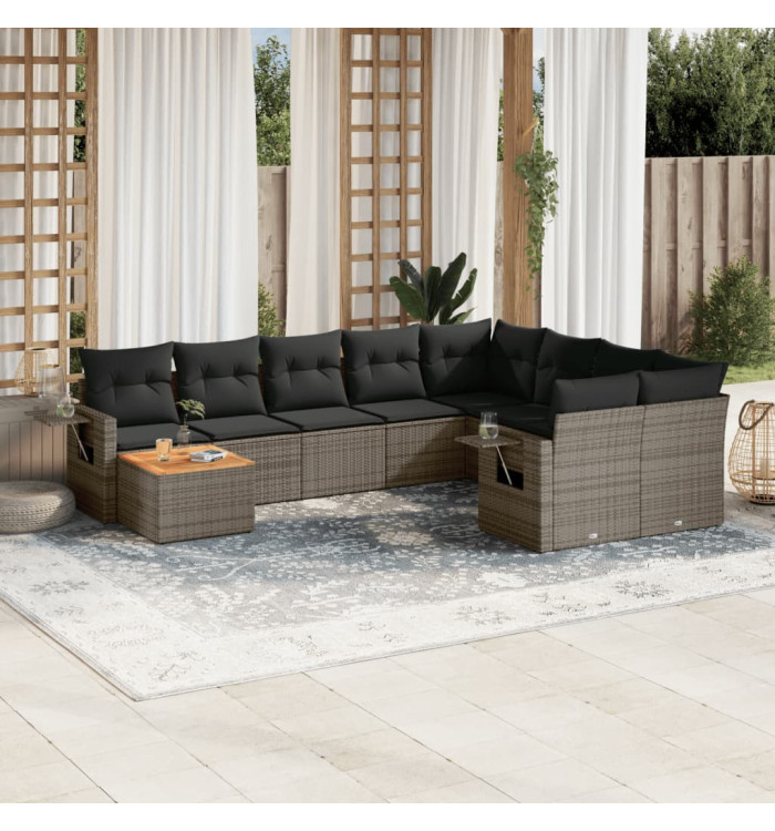 Salon de jardin avec coussins 10 pcs gris résine tressée | Mobilier & Déco