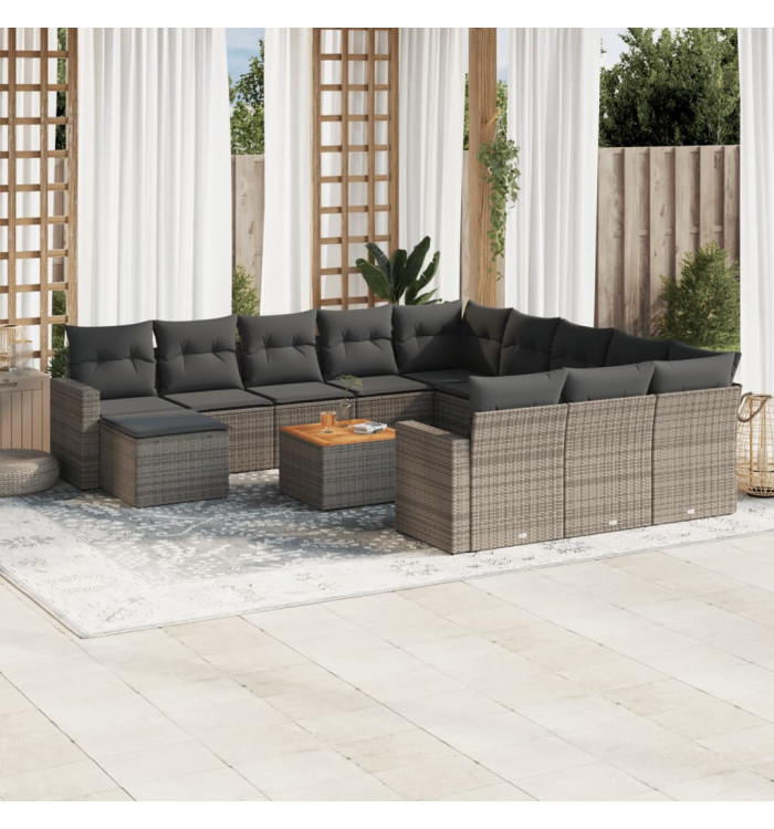 Salon de jardin avec coussins 13 pcs gris résine tressée | Mobilier & Déco