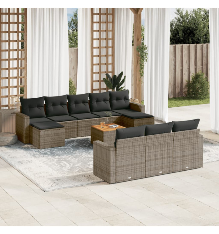 Salon de jardin 11 pcs avec coussins gris résine tressée | Mobilier & Déco