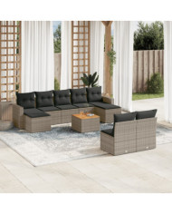 Salon de jardin avec coussins 10 pcs gris résine tressée | Mobilier & Déco