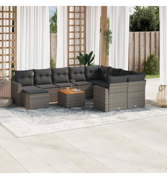 Salon de jardin 11 pcs avec coussins gris résine tressée | Mobilier & Déco