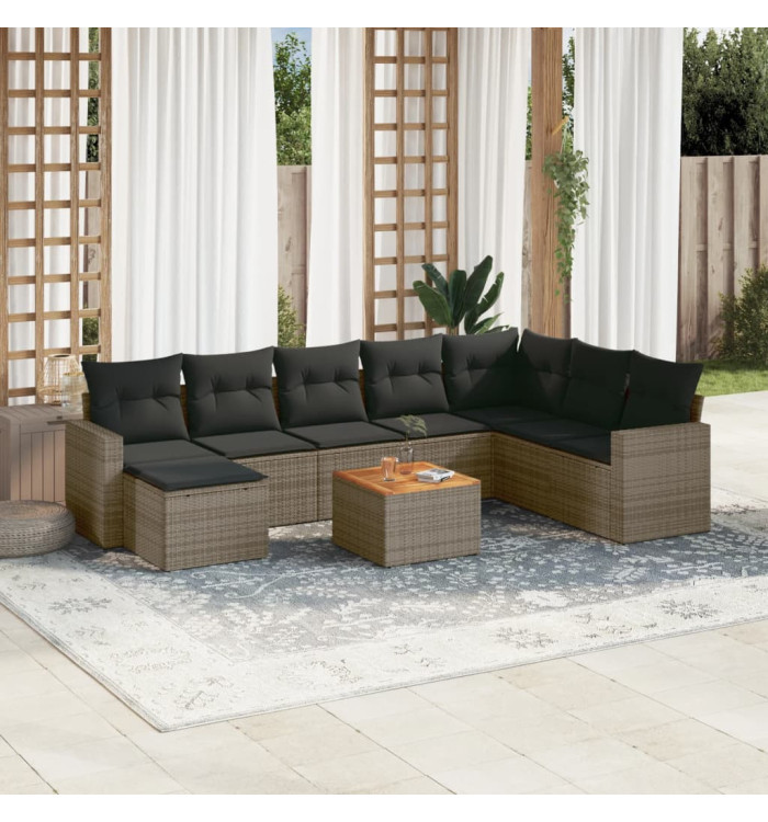 Salon de jardin 9 pcs avec coussins gris résine tressée | Mobilier & Déco