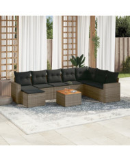 Salon de jardin 9 pcs avec coussins gris résine tressée | Mobilier & Déco