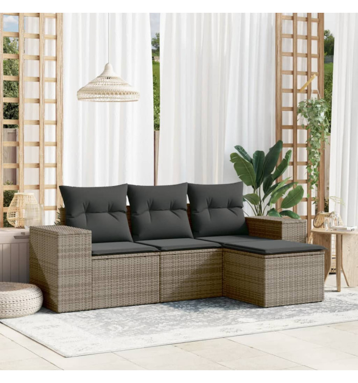 Salon de jardin 4 pcs avec coussins gris résine tressée | Mobilier & Déco