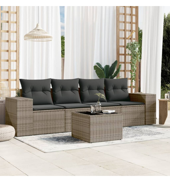 Salon de jardin 5 pcs avec coussins gris résine tressée | Mobilier & Déco