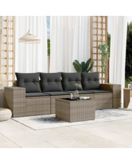 Salon de jardin 5 pcs avec coussins gris résine tressée | Mobilier & Déco