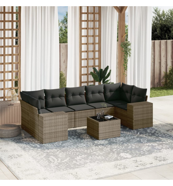 Salon de jardin 8 pcs avec coussins gris résine tressée | Mobilier & Déco
