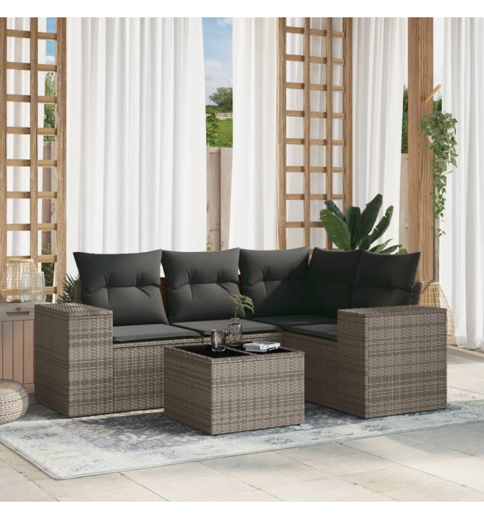 Salon de jardin 5 pcs avec coussins gris résine tressée | Mobilier & Déco