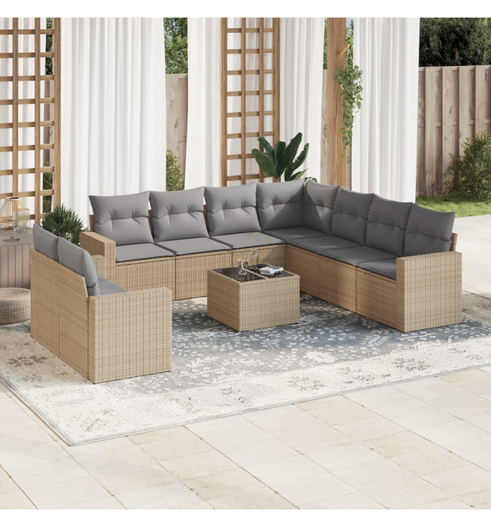 Salon de jardin avec coussins 10 pcs beige résine tressée | Mobilier & Déco