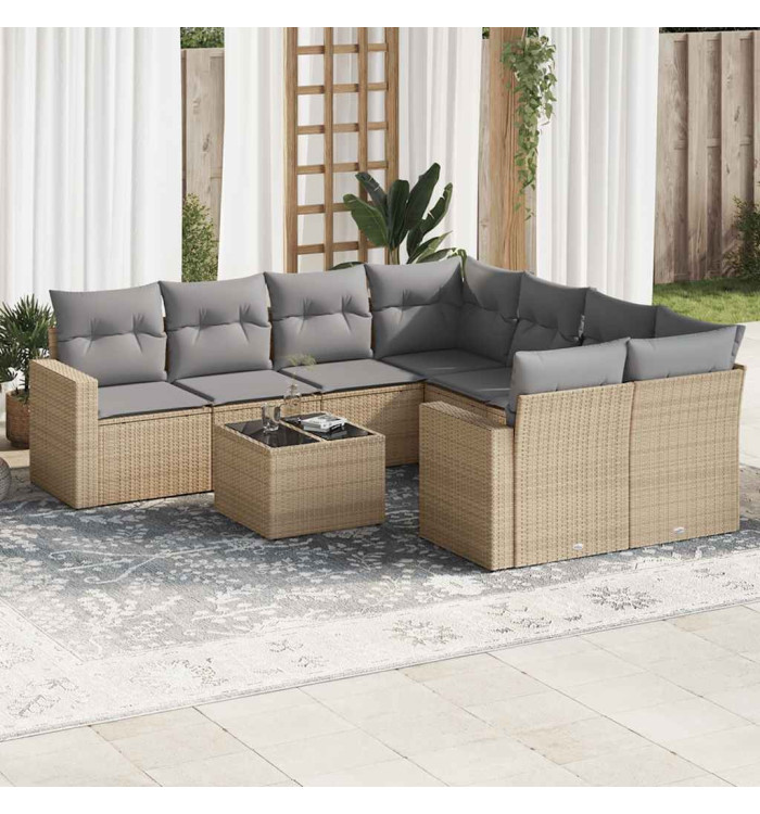 Salon de jardin avec coussins 9 pcs beige résine tressée | Mobilier & Déco