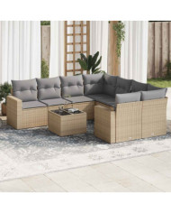Salon de jardin avec coussins 9 pcs beige résine tressée | Mobilier & Déco