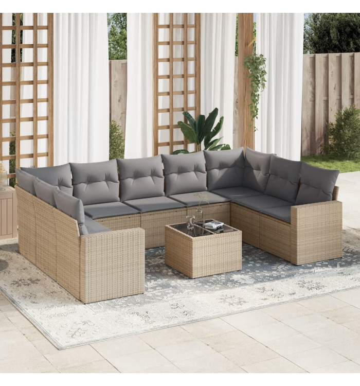 Salon de jardin avec coussins 10 pcs beige résine tressée | Mobilier & Déco