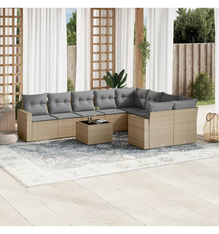 Salon de jardin avec coussins 10 pcs beige résine tressée | Mobilier & Déco