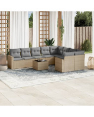 Salon de jardin avec coussins 10 pcs beige résine tressée | Mobilier & Déco