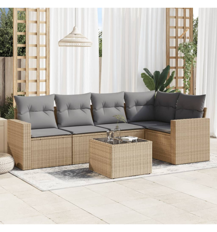 Salon de jardin avec coussins 6 pcs beige résine tressée | Mobilier & Déco