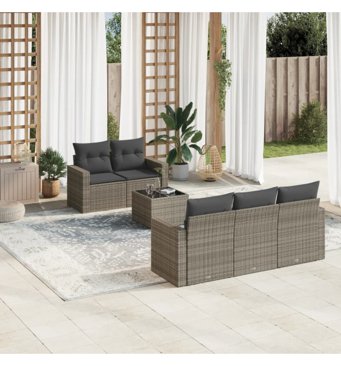 Salon de jardin 6 pcs avec coussins gris résine tressée | Mobilier & Déco
