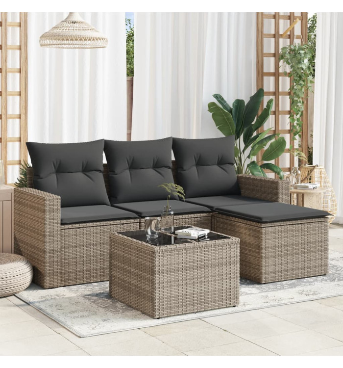 Salon de jardin 5 pcs avec coussins gris résine tressée | Mobilier & Déco