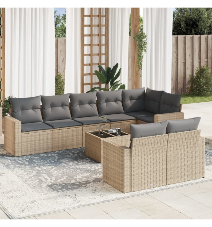 Salon de jardin avec coussins 9 pcs beige résine tressée | Mobilier & Déco